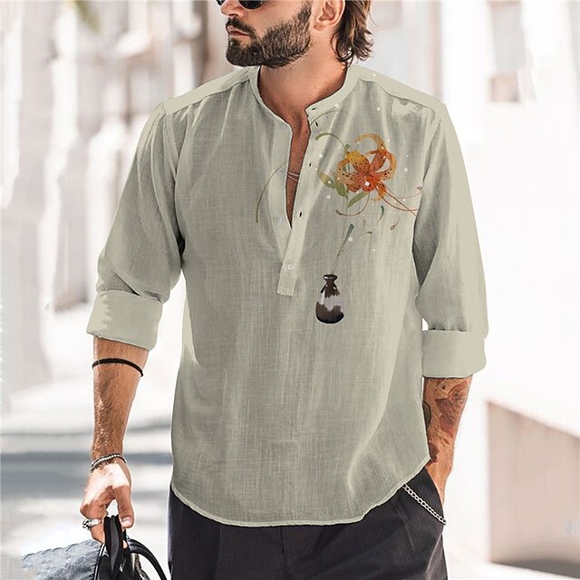 

Men's Shirt 3D Print Floral Stand Collar Street Casual Button-Down Print Long Sleeve Tops Casual Fashion Designer Breathable Beige