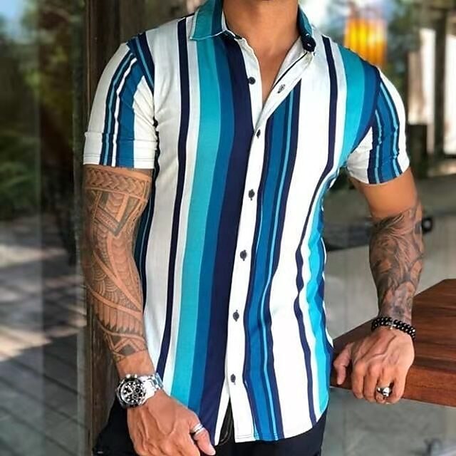 

Men's Shirt Striped Classic Collar Casual Daily Print Short Sleeve Tops Casual Fashion Exaggerated Hawaiian Blue White