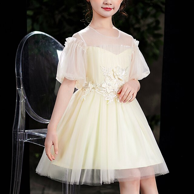 

Kids Little Girls' Dress Flower Tulle Dress Performance Holiday Mesh Puff Sleeve White Pink Gold Cotton Knee-length Short Sleeve Princess Sweet Dresses Summer Regular Fit 3-12 Years