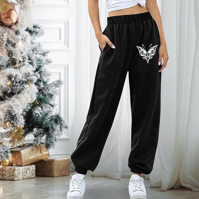

Women's Casual / Sporty Athleisure Jogger Sweatpants Side Pockets Elastic Drawstring Design Full Length Pants Leisure Sports Weekend Micro-elastic Butterfly Cotton Blend Comfort Mid Waist Blue White