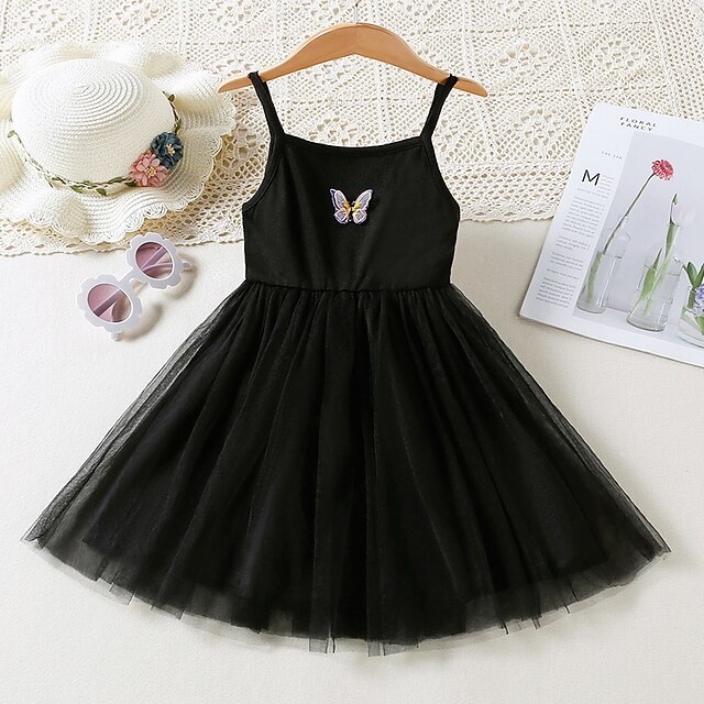 

Kids Little Girls' Dress Butterfly A Line Dress Daily Ruched Mesh Black Knee-length Sleeveless Princess Cute Dresses Fall Summer Regular Fit 2-8 Years