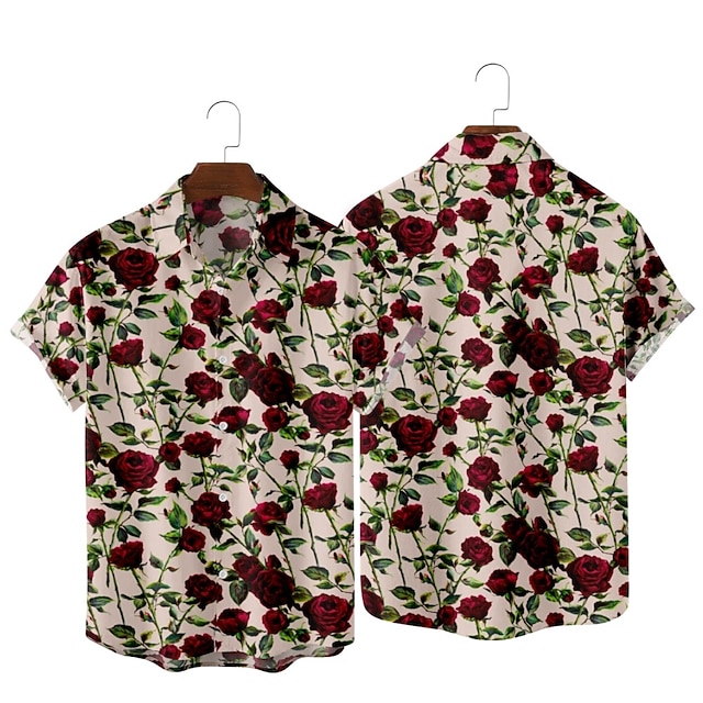 

Men's Shirt 3D Print Floral Rose Classic Collar Party Daily Print Short Sleeve Tops Streetwear Hawaiian Light Yellow