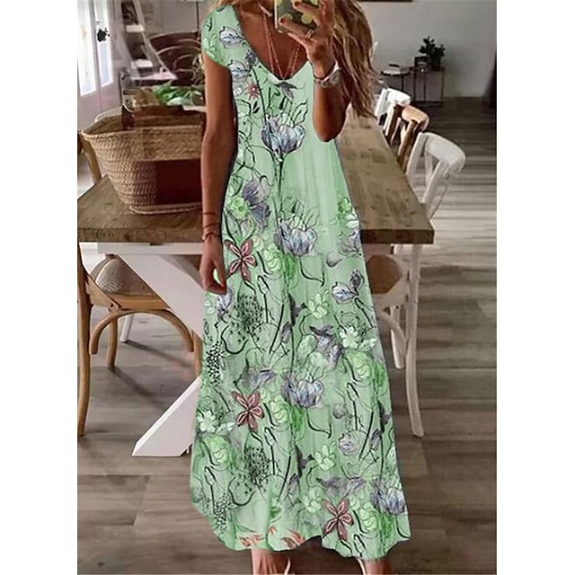 

Women's A Line Dress Maxi long Dress Green Purple Short Sleeve Floral Print Spring Summer V Neck Casual Vacation 2022 S M L XL XXL 3XL 4XL 5XL