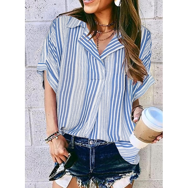 

Women's Blouse Striped Graphic Patchwork Print Shirt Collar Tops Green Blue Pink