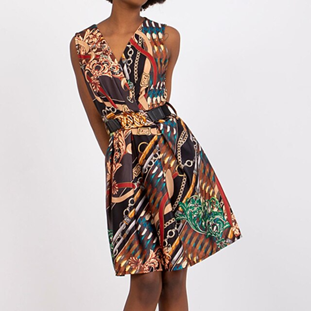 

Women's A Line Dress Short Mini Dress Black Red Navy Blue Sleeveless Print Lace up With Belt Print Fall Spring V Neck Stylish 2022 S M L XL XXL