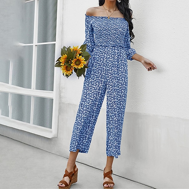

Women's Jumpsuit Pocket Print Floral Off Shoulder Holiday Casual Daily Regular Fit Long Sleeve Blue White Black S M L Spring