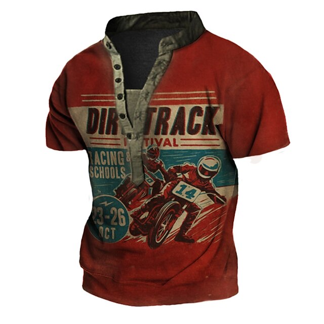

Men's Henley Shirt Tee T shirt 3D Print Graphic Motorcycle Henley Casual Daily Button-Down Print Short Sleeve Tops Fashion Vintage Retro Big and Tall Red