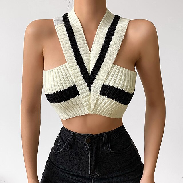 

Women's Sweater Vest Knitted Cold Shoulder Color Block Stylish Casual Soft Sleeveless Sweater Cardigans Halter Neck Fall Spring White