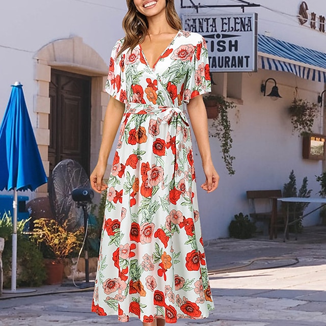 

Women's A Line Dress Midi Dress White Yellow Short Sleeve Floral Print Spring Summer V Neck Elegant Vacation 2022 S M L XL XXL