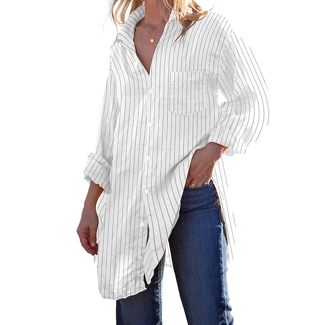 

Women's Blouse Shirt Striped Pocket Button Shirt Collar Casual Streetwear Tops Blue White Black
