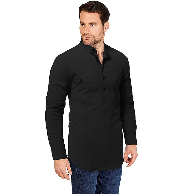 Mens Clothing Mens Shirts | Mens Shirt Solid Color Stand Collar Party Casual Button-Down Long Sleeve Tops Casual Streetwear Blac