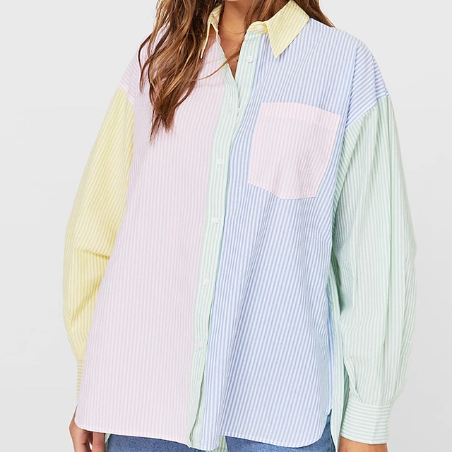 

Women's Blouse Shirt Striped Pocket Button Shirt Collar Casual Streetwear Tops Blue Yellow