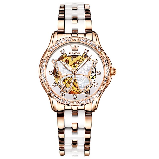 

OLEVS Mechanical Watch for Women Analog Automatic self-winding Butterly Style Elegant Waterproof Hollow Engraving Titanium Alloy Ceramic Genuine Leather Butterfly