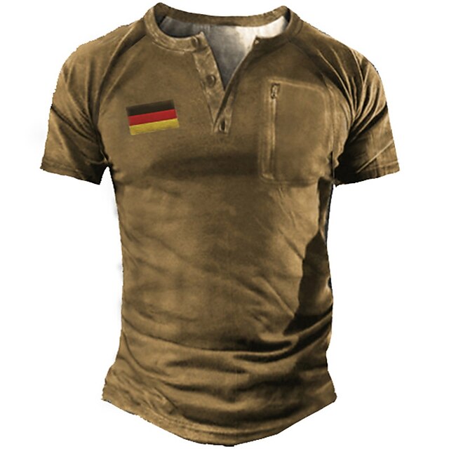 

Men's Henley Shirt Tee T shirt 3D Print Graphic National Flag Plus Size Henley Casual Daily Button-Down Print Short Sleeve Tops Casual Retro Designer Military Brown