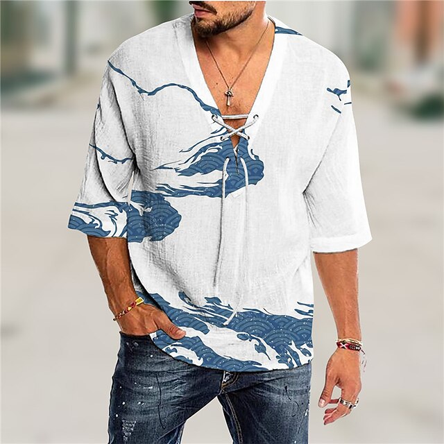 

Men's Shirt 3D Print Waves V Neck Casual Daily 3D Print Drawstring 3/4 Length Sleeve Tops Casual Fashion Designer Comfortable White