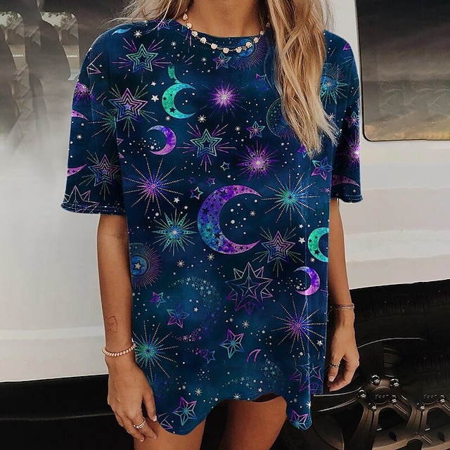 

Women's Geometric Painting T shirt Galaxy Print Round Neck Ethnic Vintage Tops Navy Blue / 3D Print