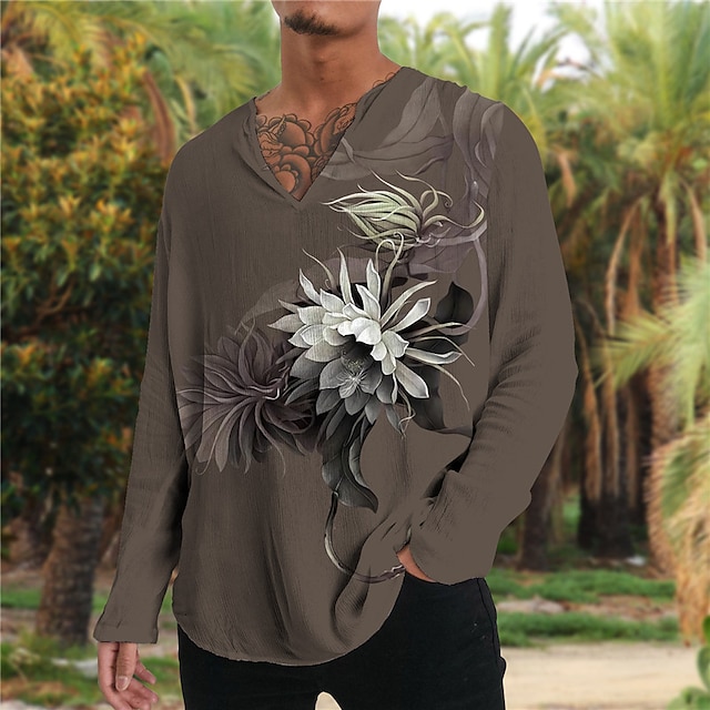 

Men's Shirt 3D Print Floral V Neck Casual Daily 3D Print Long Sleeve Tops Casual Fashion Designer Comfortable Gray