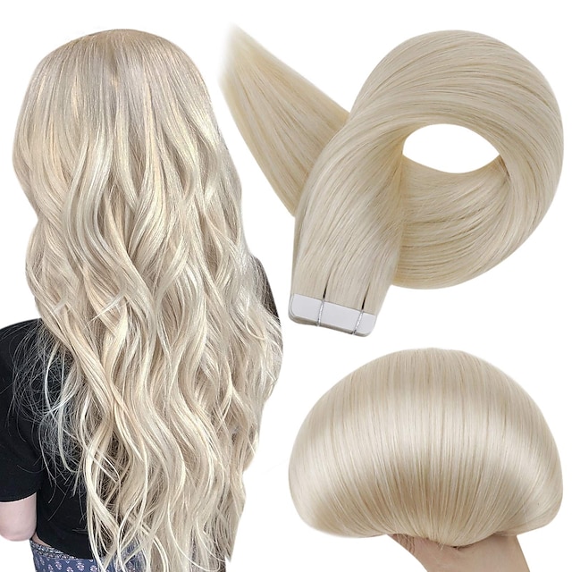  Remy Tape in Hair 10-24 Inch Adhesive Real Remy Human Hair Extension Solid Color 60 Platinum Blonde Straight Hair PU Tape 30g Seamless Tape Brazilian Human Hair