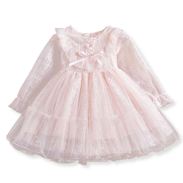 

Kids Little Girls' Dress Solid Colored Tulle Dress Party Birthday Lace Trims Bow Pink Yellow Knee-length Long Sleeve Princess Sweet Dresses Spring Summer Slim 1 PC 3-10 Years