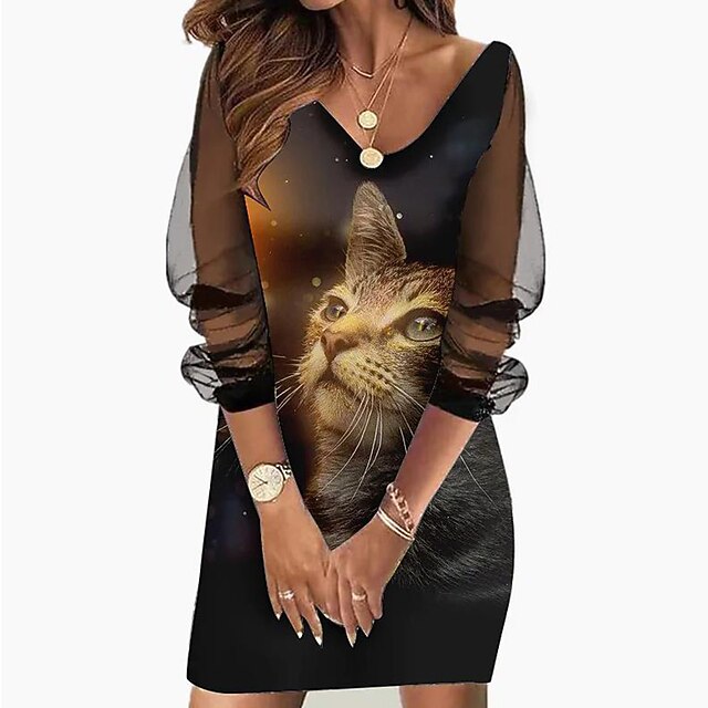

Women's A Line Dress Knee Length Dress Blue Yellow Long Sleeve Cat Animal Mesh Print Spring Summer V Neck Casual Modern 2022 S M L XL XXL 3XL 4XL 5XL