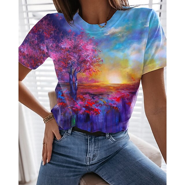 

Women's Floral Theme Abstract 3D Printed T shirt Scenery 3D Print Round Neck Basic Tops Purple