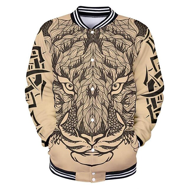 

Men's Jacket Street Daily Going out Fall Spring Regular Coat Regular Fit Breathable Sporty Casual Streetwear Jacket Long Sleeve 3D Print Skull Lion Pocket Print Gray Khaki
