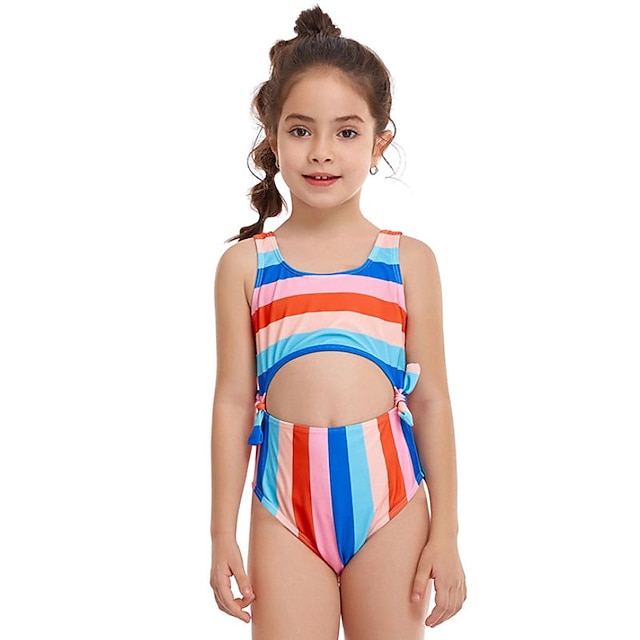 

Kids Girls' Swimwear One Piece Swimsuit Patchwork Hole Swimwear Striped Sleeveless Pink Outdoor Cute Bathing Suits 5-12 Years