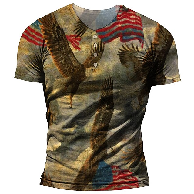 

Men's Henley Shirt Tee T shirt 3D Print Graphic Eagle Plus Size Henley Daily Sports Button-Down Print Short Sleeve Tops Basic Casual Classic Designer Brown
