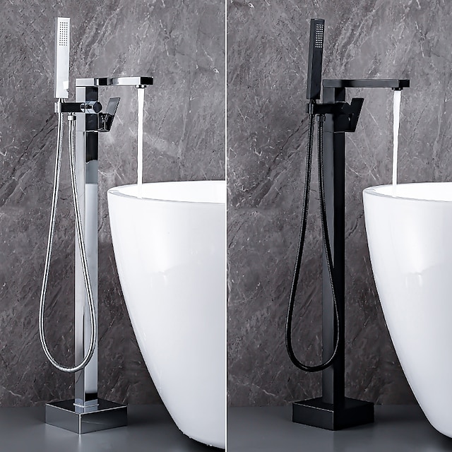  Freestanding Bathtub Faucet, 360° Swivel Spout Floor Mount Standing Tub Filler Single Handle Brass Tap with Hand Shower Sprayer