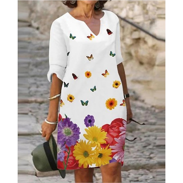

Women's A Line Dress Knee Length Dress White Half Sleeve Floral Patchwork Print Spring Summer V Neck Basic Vacation Boho Linen S M L XL XXL / 3D Print