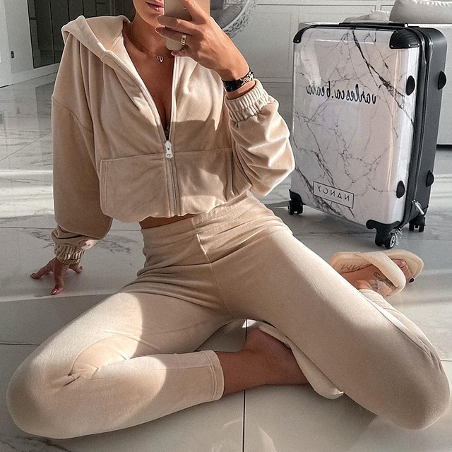 

Women's Basic Plain Sport Casual Two Piece Set Crop Top Hoodie Tracksuit Pant Jogger Pants Zipper Tops