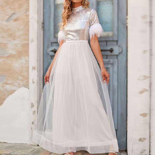 

Women's A Line Dress Maxi long Dress White Short Sleeve Pure Color Mesh Feather Spring Summer Stand Collar Elegant Modern 2022 S M L XL
