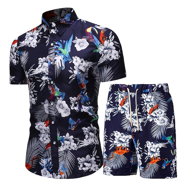 

Men's Shirt Print Floral Parrot Leaves Turndown Holiday Vacation Print Short Sleeve Tops Lightweight Tropical Hawaiian Beach Navy Blue