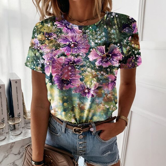 

Women's Floral Theme Painting T shirt Floral Print Round Neck Basic Tops Green / 3D Print