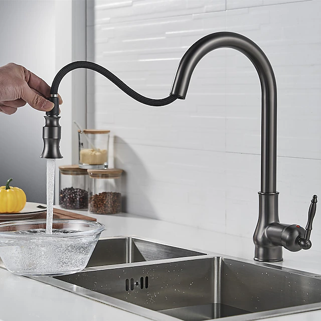 Kitchen Sink Mixer Faucet with Pull Out Sprayer Grey, 360 Swivel Single Handle Spring Kitchen Taps Deck Mounted, One Hole Brass Kitchen Sink Faucet Water Vessel Taps 8