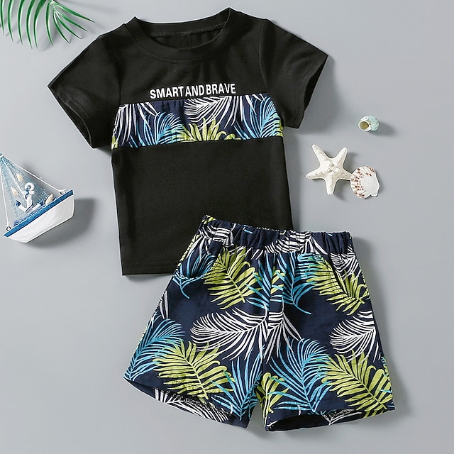 

Kids Boys T-shirt Shorts Clothing Set 2 Pieces Short Sleeve Black Leaf Letter Print Indoor Outdoor Casual Daily Regular 2-8 Years