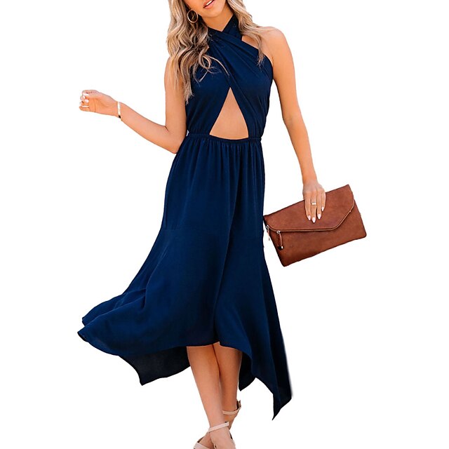 

Women's Swing Dress Maxi long Dress Dark Blue Sleeveless Pure Color Hollow Out Spring Summer V Neck Stylish Elegant 2022 S M L