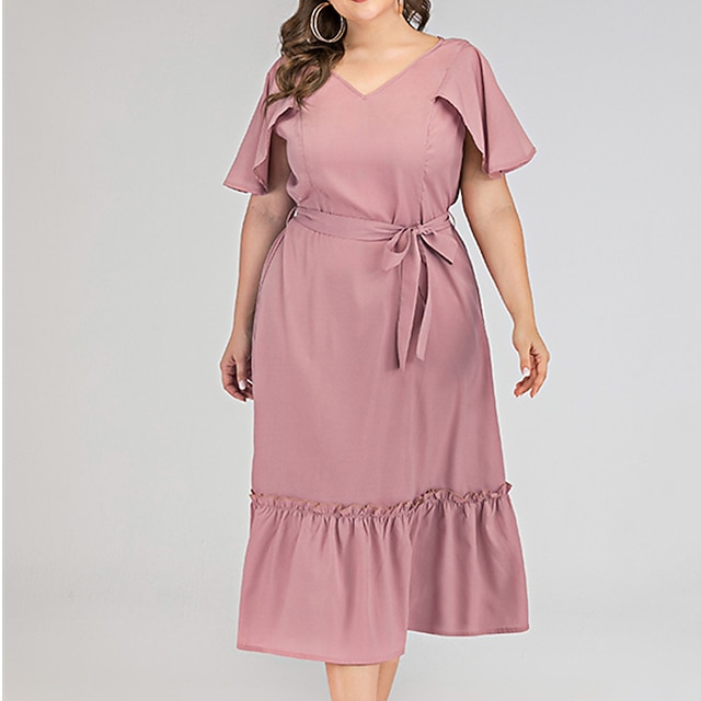 

Women's Plus Size Sheath Dress Solid Color V Neck Short Sleeve Fall Spring Casual Midi Dress Causal Daily Dress