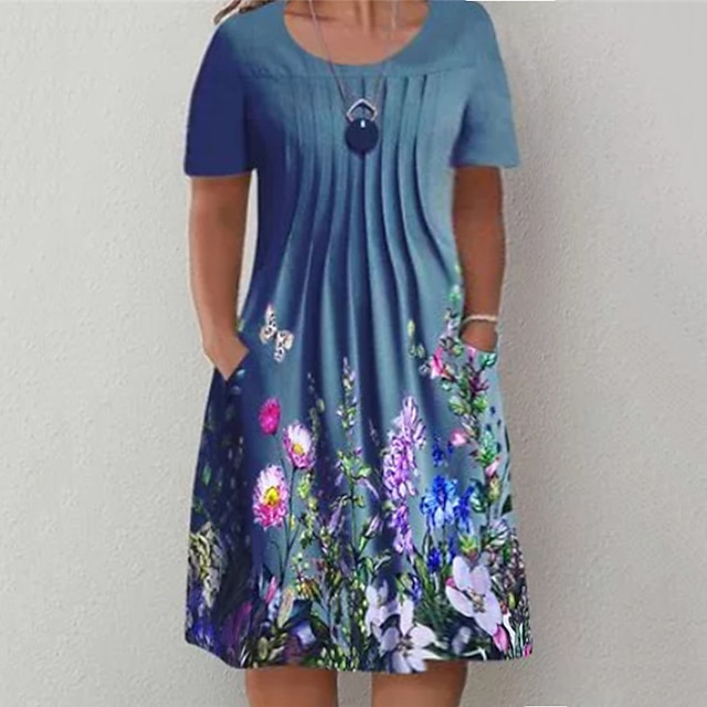 Womens Clothing Plus Size Collection | Womens Plus Size A Line Dress Floral Round Neck Print Short Sleeve Spring Summer Casual K