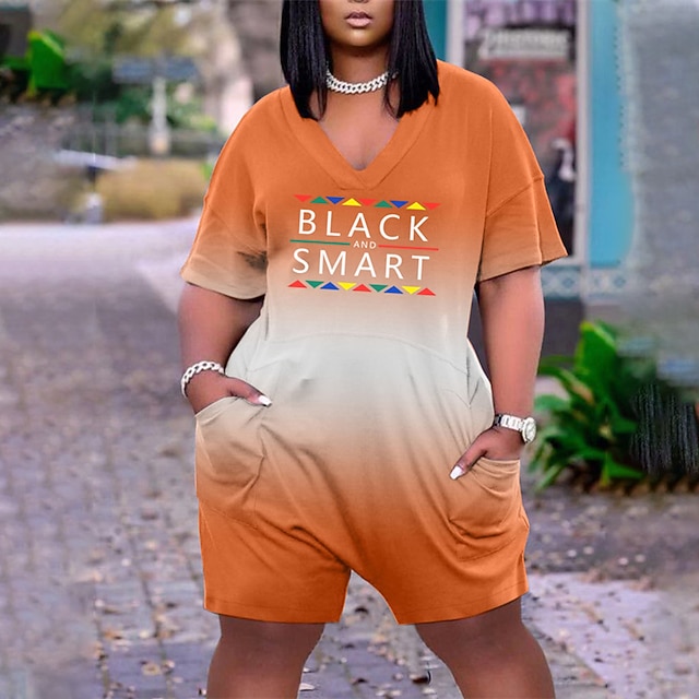 

Women's Romper Pocket Print Letter V Neck Casual Daily Street Casual Regular Fit Short Sleeve Black Orange Red S M L Fall