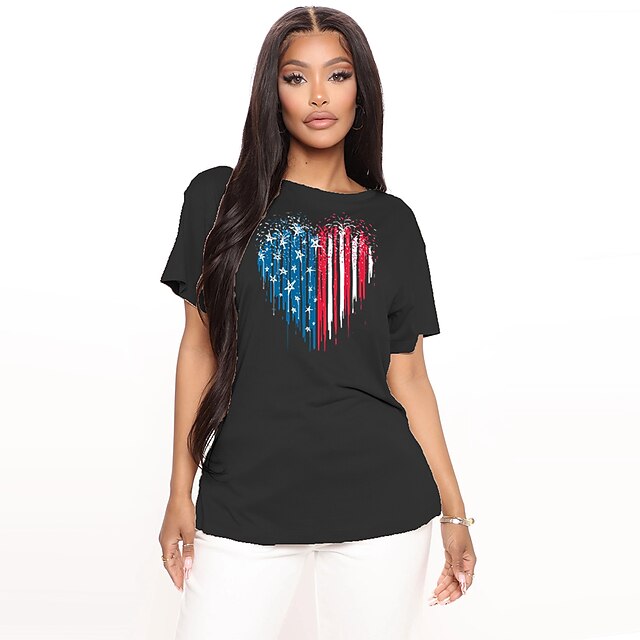 

Women's T shirt Graphic Heart Print Round Neck Basic Tops 100% Cotton Green Blue White