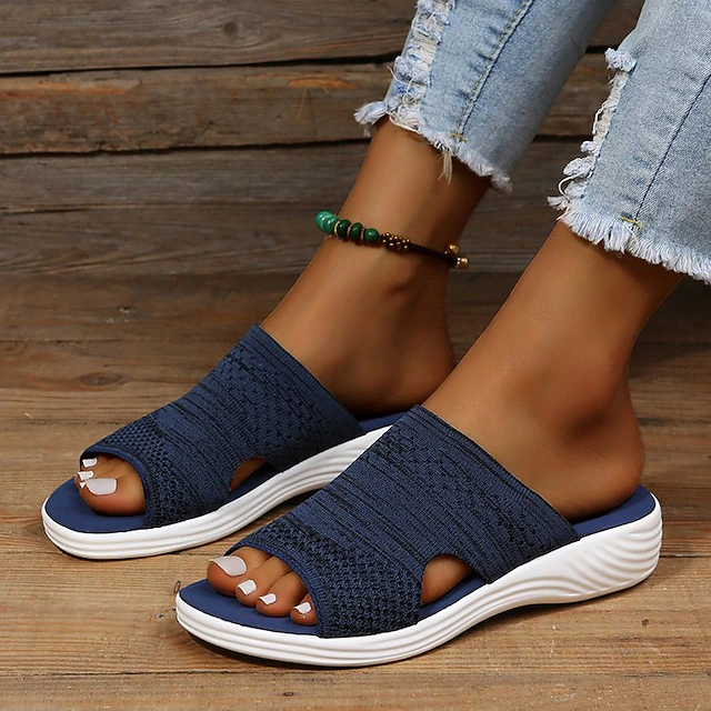 Women's Navy Blue Knit Slip-On Sandals with Comfortable Sole - Casual Open-Toe Slides for Summer 6