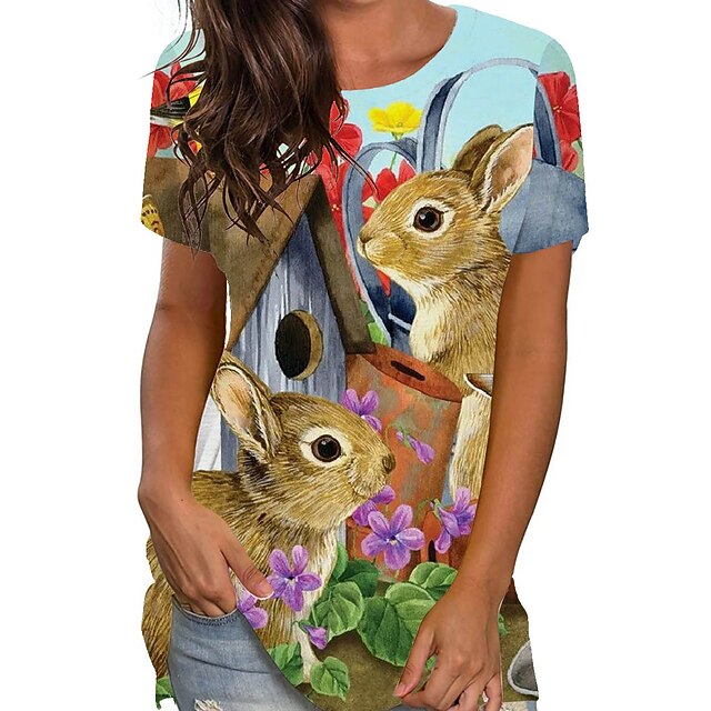

Women's Floral Theme Happy Easter T shirt Floral Rabbit Animal Print Round Neck Basic Tops Green Blue Purple / 3D Print