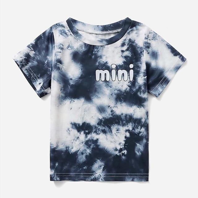 Baby & Kids Matching Outfits | Family Look T shirt Tops Tie Dye Letter Causal Print Deep Blue Short Sleeve Casual Matching Outfi