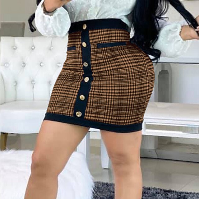 

Women's Fashion Mini Skirts Office / Career Casual / Daily Plaid Print Khaki S M L