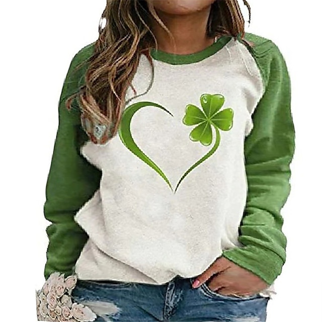 

Women's Plus Size Tops Pullover Sweatshirt Heart Leaf Print Long Sleeve Crewneck Streetwear St. Patrick's Day Daily Going out Polyester Spring Summer Green Light Green