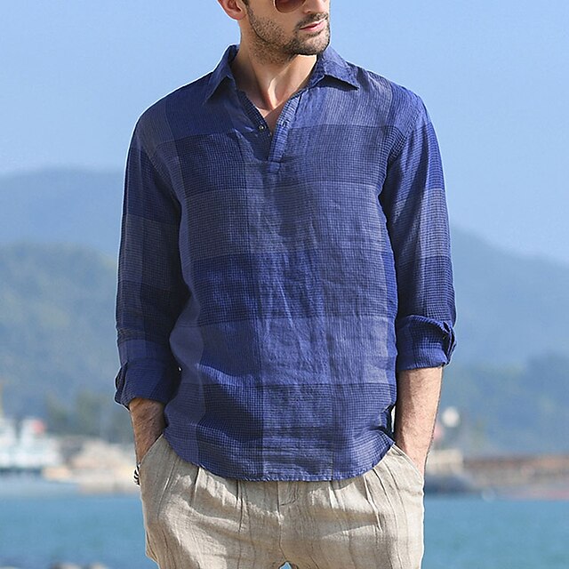 

Men's Shirt Print Plaid Button Down Collar Casual Daily Print Long Sleeve Tops Simple Lightweight Casual Fashion Blue