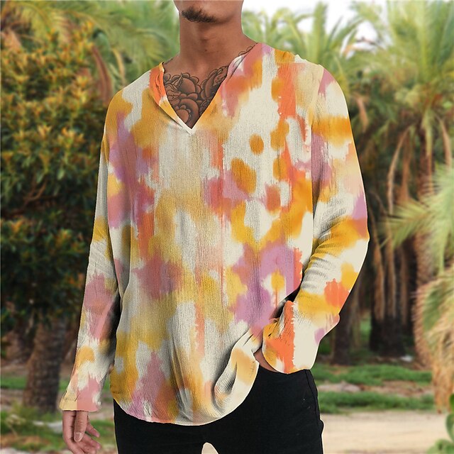

Men's Shirt 3D Print Tie Dye V Neck Casual Daily 3D Print Long Sleeve Tops Casual Fashion Designer Comfortable Orange