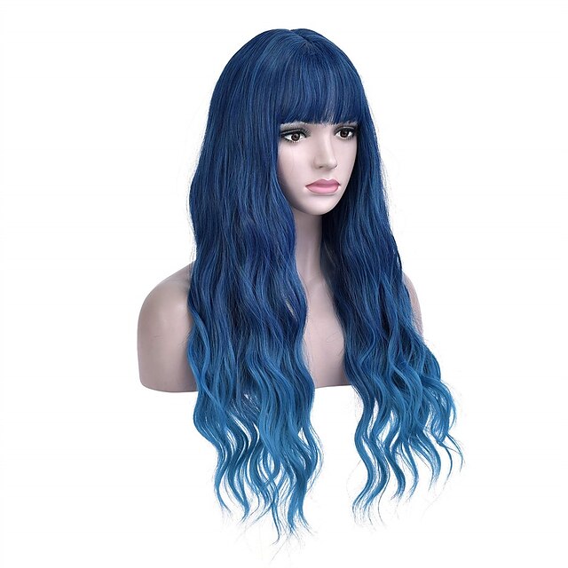 Beauty & Hair Wigs & Hair Pieces | Blue Wig with Bangs Long Curly Wavy Wig Mixed Blue Hair Wig 28 Inches Women Girls Synthetic H