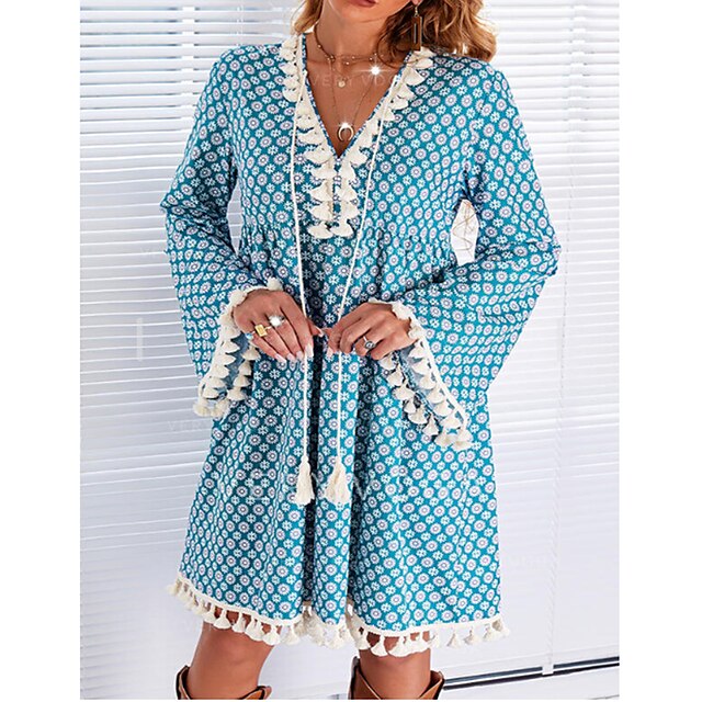 

Women's Fringe Dress Short Mini Dress Blue Long Sleeve Floral Tassel Fringe Print Spring Summer V Neck Casual Flare Cuff Sleeve 2022 S M L XL XXL 3XL